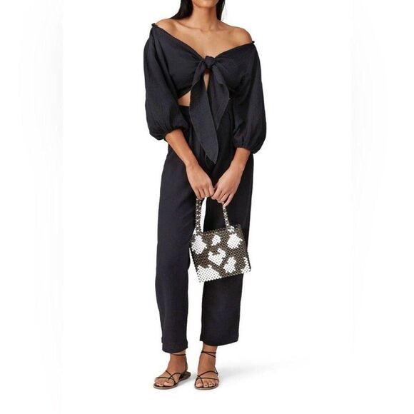 Flynn Skye Black Puff Sleeve Tiff Front Self Tie Top Chic Fall Cottage Coquette - Picture 1 of 12